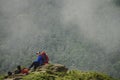 Nantou County, Taiwan - July 14, 2018:People are walking on the trail of Hehuan Mountain. They still have a long way to go.