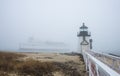 The Nantucket Island ferry boat sails past the Brant Point Lighthouse in fog