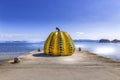 NAOSHIMA, JAPAN. JUNE 2: Yayoi Kusama`s giant pumpkin sculpture in Naoshima. June 2, 2016 on Naoshima Art island, Japan Royalty Free Stock Photo