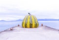 NAOSHIMA, JAPAN. MAY 6: Yayoi Kusama`s giant pumpkin sculpture in Naoshima. MAY 6, 2017 on Naoshima Art island, Japan Royalty Free Stock Photo