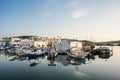 Naousa, greek fishing village in Paros island, Greece. Beautiful sunset view of Naoussa town Royalty Free Stock Photo