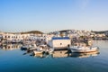 Naousa, Greek fishing village in Paros island, Greece. Beautiful sunset view. Popular tourist destination in Europe Royalty Free Stock Photo