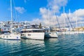NAOUSSA PORT, PAROS ISLAND - MAY 18, 2016: luxury catamaran boats mooring in Naoussa port on Paros island, Greece