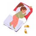 Nap Time Concept. Little Relaxed Girl Character Sleeping on Mat In Kindergarten Or Elementary School Afternoon