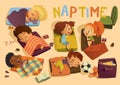 Nap time in the kindergarten. Group of multiracial girls and boys have a nip time at a colorfill nap mats. Preschool Royalty Free Stock Photo