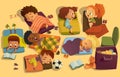 Nap time in the kindergarten. Group of multiracial girls and boys have a nip time at a colorfill nap mats. Preschool