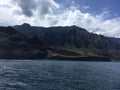 Napali Coast Mountains and Cliffs and Kalalau Beach and Valley Seen from Pacific Ocean - Kauai Island, Hawaii. Royalty Free Stock Photo