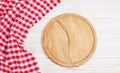 Napkin and board for pizza on wooden desk closeup, tablecloth. Canvas, dish towels on white wooden table background top view mock Royalty Free Stock Photo