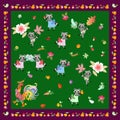 Napkin, handkerchief or pillowcase for baby with cute cartoon characters and unusual frame from fruits. Rooster and funny raccoons