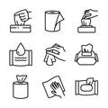 Napkin icons. Tissue paper box icons. UI UX user interface web button. Textile towel, wet and paper napkins line icons set