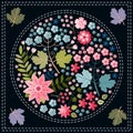 Napkin or pillowcase with round floral arrangement in center, bounded by double stitching, and viburnum leaves at corners