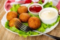 Napkin, plate with bowl of ketchup, mayonnaise, small fried pies on leaves lettuce, fork on table