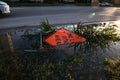 NEWS Ã¢â¬â Submerged roadside construction sign after Hurricane Ian in Naples, Florida