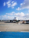 Big white yellow and blue aeroplane of Ryanair on airport