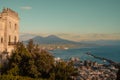 Naples, Italy, 23 January 2022: Stunning view over the famous Naples bay at the dusk, in backgroud there is Vesuvius.