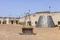 Medieval Castel Sant\'Elmo with old well and modern art, metal sculpture, Naples Italy Royalty Free Stock Photo