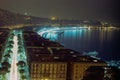NAPLES, ITALY, 1969 - Night view of the Naples waterfront from Mergellina, along via Caracciolo, up to via Partenope