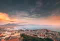 Naples, Italy. Skyline Cityscape City In Evening Sunset. Tyrrhenian Sea And Landscape With Volcano Vesuvius