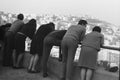 NAPLES, ITALY, 1969 - Three young couples admire the panorama of Naples from Via Orazio