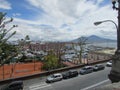 Naples, Italy, view of the Gulf of Naples. Yachts, ships on the other side of Mount Vesuvius.