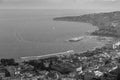 Naples and Mediterranean sea bay with boats top view black and white. Naples seashore. Travel concept.