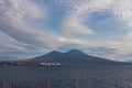 Naples - Panoramic view from Castel dell Ovo on the ferry terminal and volcano Mount Vesuvius in Naples, Italy Royalty Free Stock Photo