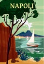 Naples Retro Poster Italia. Mediterranean sea sailboat, smoke volcano Vesuvius, coast, rock. Vector illustration