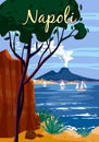 Naples Retro Poster Italia. Mediterranean sea, smoke volcano Vesuvius, coast, rock. Vector illustration postcard Royalty Free Stock Photo