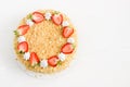 Napoleon cake with berries. White wooden board, summer cake with berries, copy space