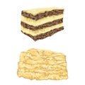 Napoleon cake and mille feuille pastry in watercolor style. Isolated elements.