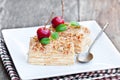 Napoleon cake with wild apple and mint on squared plate Royalty Free Stock Photo