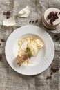 Napoleon Dessert or Mille-Feuilles on Rustic Tablecloth Background