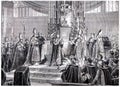 Napoleon raises the iron crown on his head, vintage engraving