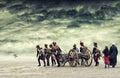 Napoleon soldiers marching in open land with dramatic cloud Royalty Free Stock Photo