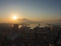 Napoli, Italy. Wonderful landscape on the Vesuvio volcano, the bay and the harbor during the sunrise
