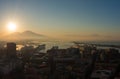 Napoli, Italy. Wonderful landscape on the Vesuvio volcano, the bay and the harbor during the sunrise Royalty Free Stock Photo