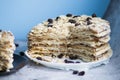 Napolion cake. A piece of cake on a black plate Royalty Free Stock Photo