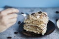 Napolion cake. A piece of cake on a black plate Royalty Free Stock Photo