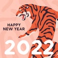 Nappy New Year postcard with Chinese angry tiger roaring, 2022 holiday symbol. Card design with Asian animal mascot