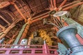 Wide angle view of The great Buddha (Daibutsu) at Daibutsuden Hall in Todai-ji Temple, detail of copper ornaments and wooden ceili