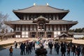 NARA, JAPAN - JAN 30, 2018: Tourists and locals walking in Daibutsu Den in Todaiji temple of Nara