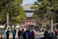 NARA, JAPAN - JAN 30, 2018: Tourists walking in entrance of Todaiji giant temple in Nara