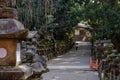 NARA, JAPAN - JAN 30, 2018: Woman walking on Kasuga Shrine in Nara watching the lanterns