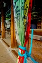 Nara, Japan - July 26, 2017: Close up of colorful curtains in the hall of Nigatsu-do, Todai-ji temple, Nara