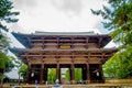 Nara, Japan - July 26, 2017: Nandaimon, the Great Southern Gate at night. The gate is a dominant architectural element