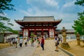 Nara, Japan - July 26, 2017: Nandaimon, the Great Southern Gate at night. The gate is a dominant architectural element