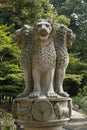 Nara, Japan - May 31, 2017: Stone statue of four lions as symbol