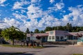 NARAMATA, CANADA - JULY 5, 2020: School building on a summer day with cloudy sky