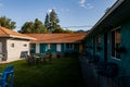 NARAMATA, CANADA - JULY 5, 2020: small motel with modern design summer time and blue sky