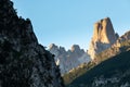 Naranjo de Bulnes, Picu Urriellu, from Camarmena village at sunrise in Picos de Europa National Park, Asturias in Spain Royalty Free Stock Photo